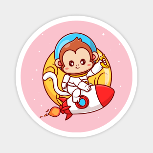 Cute Monkey Astronaut Riding Rocket In Moon Space With  Banana Cartoon Magnet